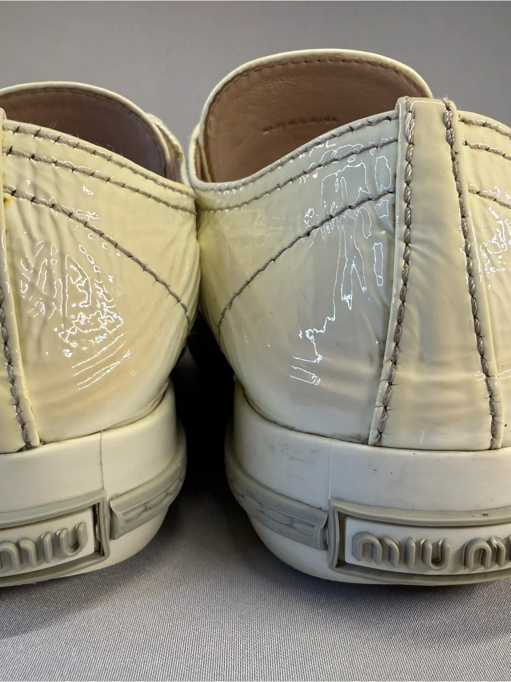 Miu Miu Cream Patent Leather Sneakers with Silver Toe Caps